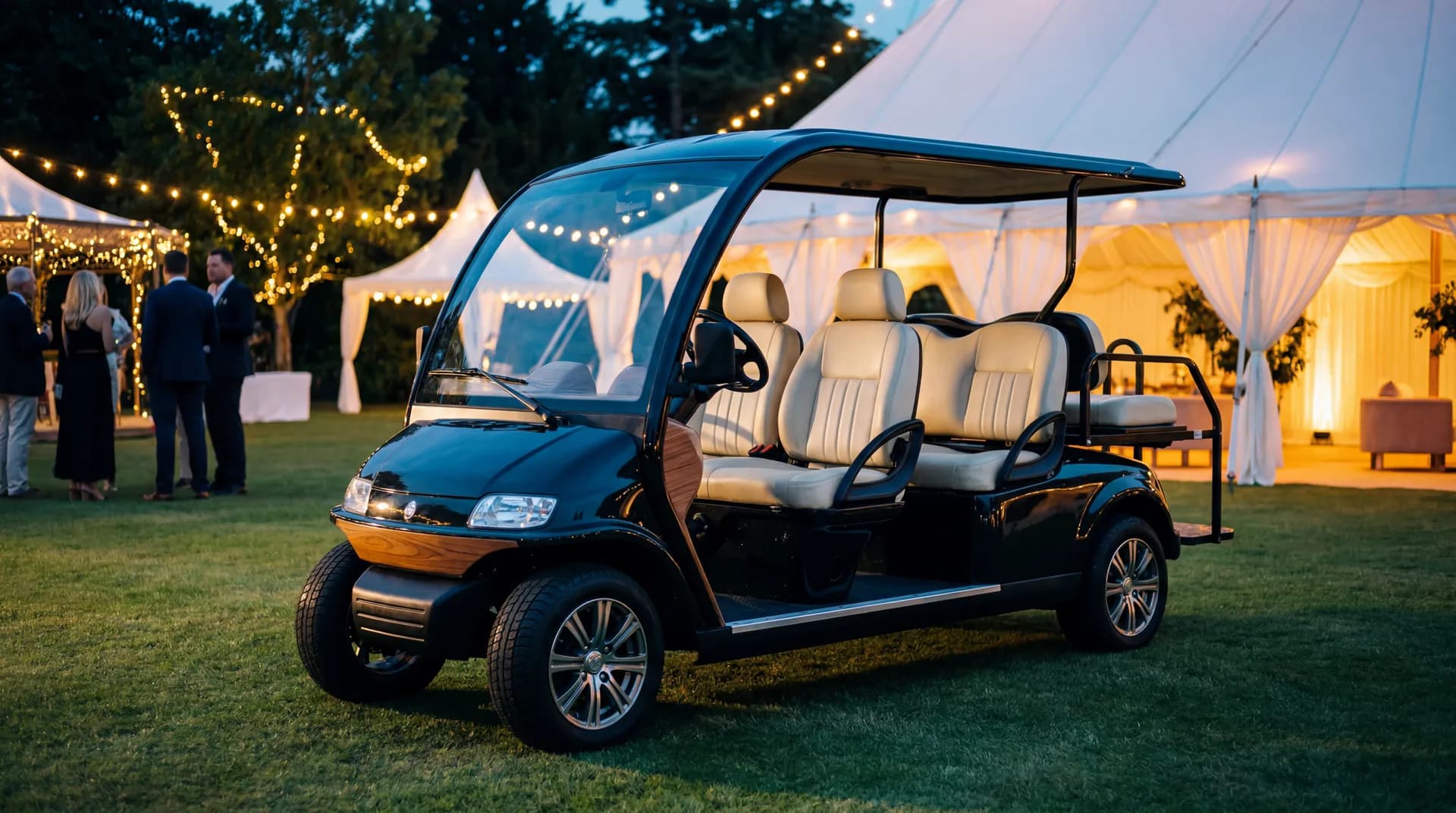 Branded electric buggy carrying guests at an evening event