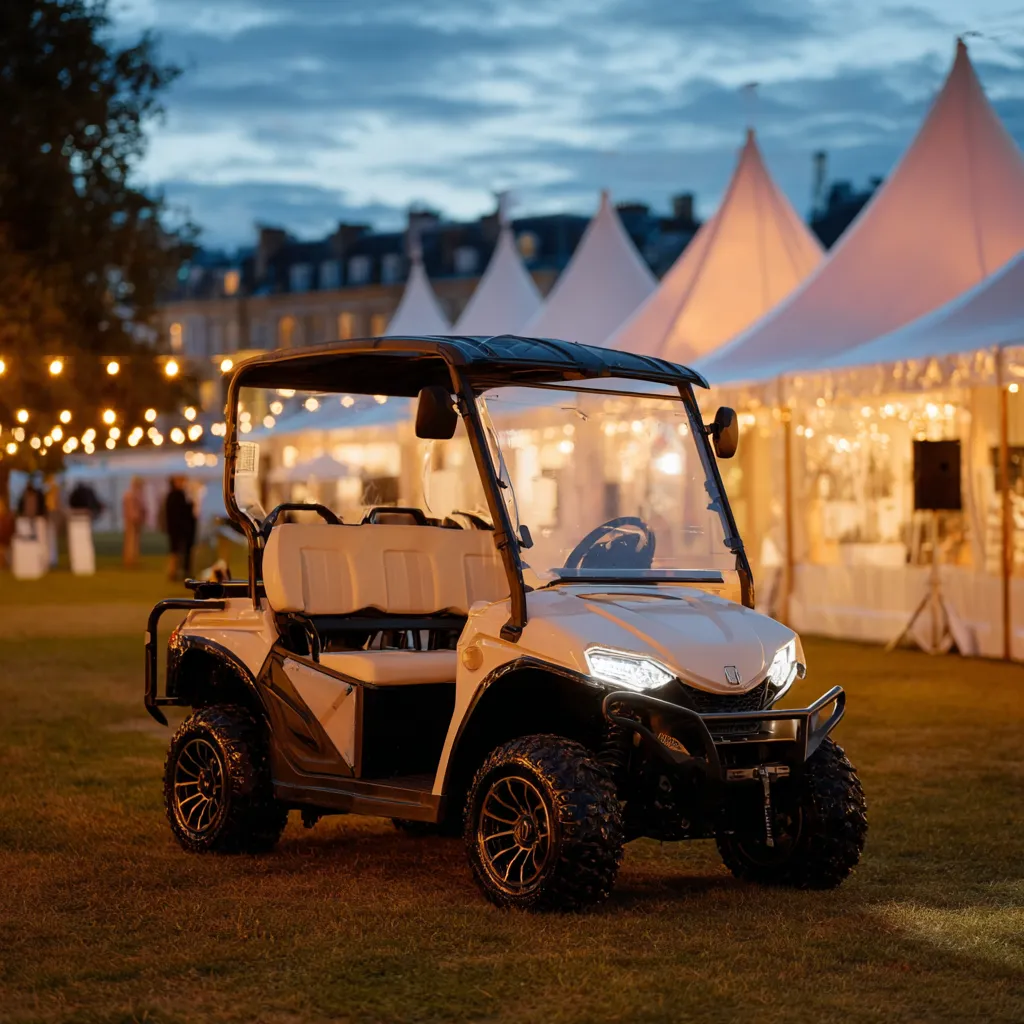 Electric shuttle buggies serving a festival and event venue at dusk